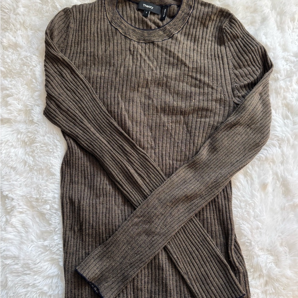 Theory Two-Tone Ribbed Crewneck Sweater - Brown and Navy